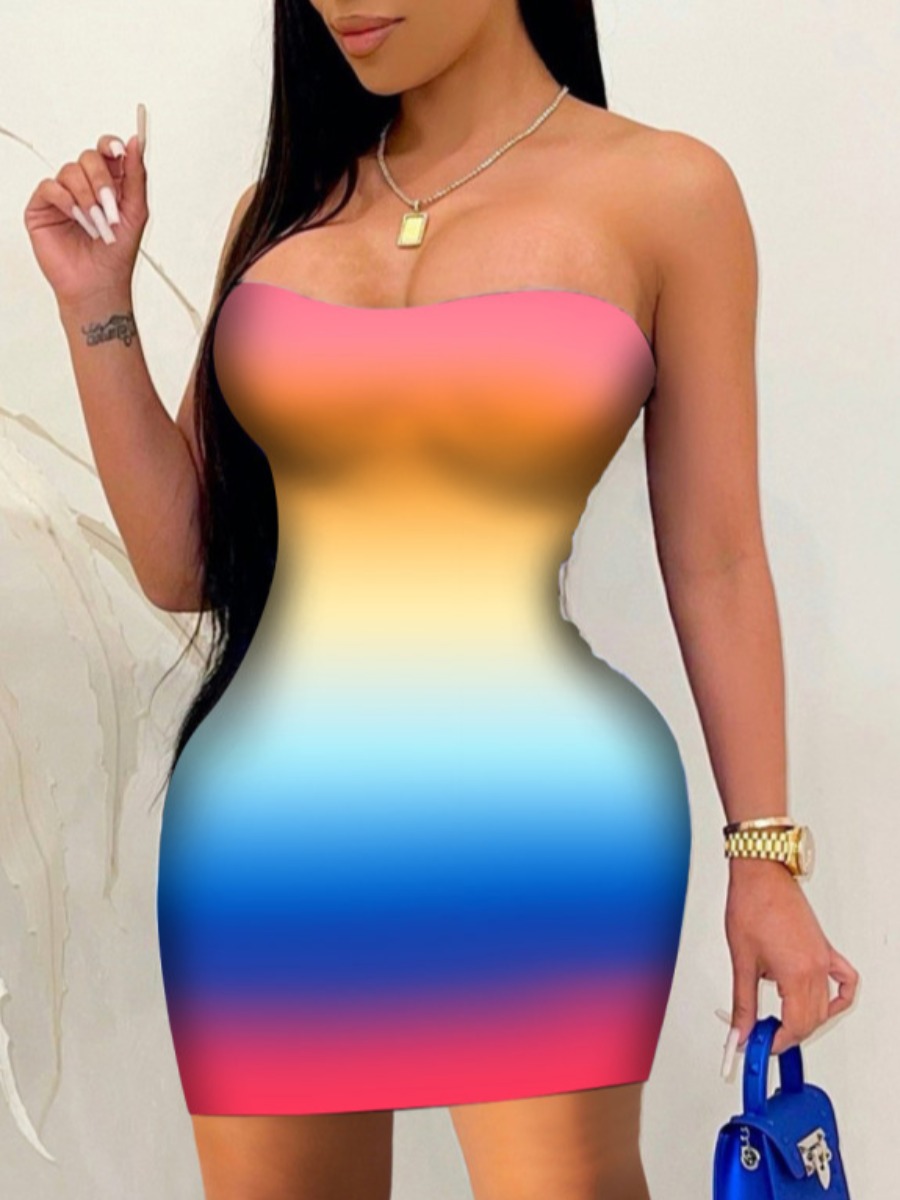 

Lovely Sweet Off The Shoulder Gradient Multicolor Knee Length Dress, Multi