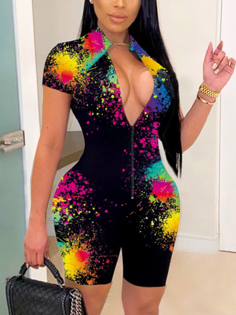 LW Street Splash Ink Print Zipper Design Black One-piece Romper