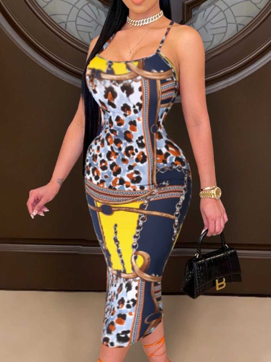 

Lovely Sweet Animal Print Backless Blue Mid Calf Dress