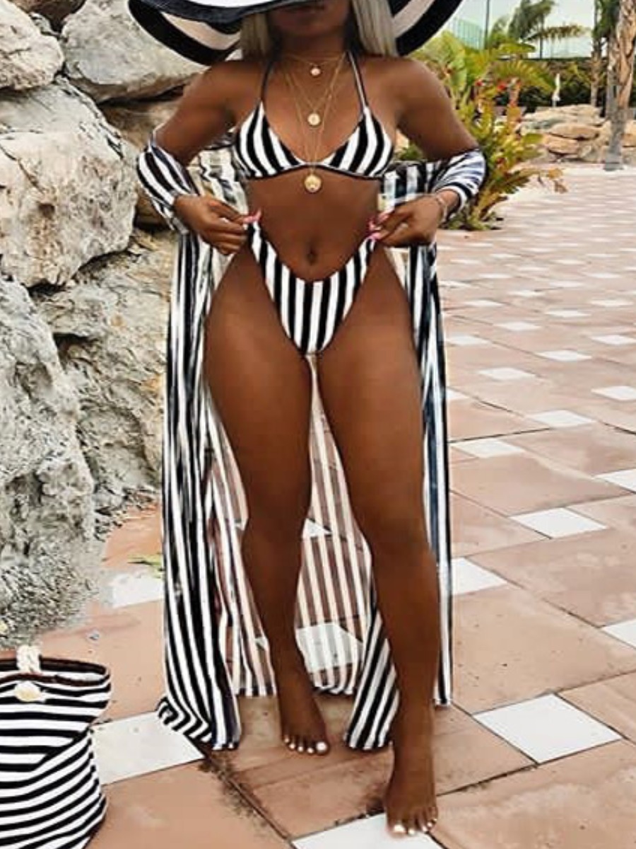 

LW Striped Patchwork Three-piece Swimsuit, Black and white