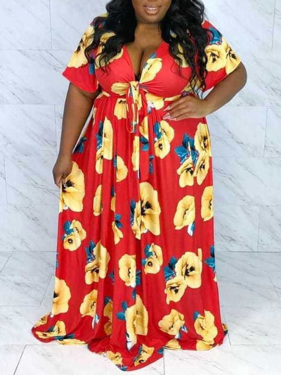 

Lovely Plus Size Boho V Neck Floral Print Red Floor Length Dress