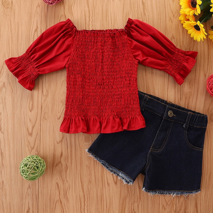 

Lovely Girl Casual Ruffle Design Raw Edge Two Piece Shorts Set, Red