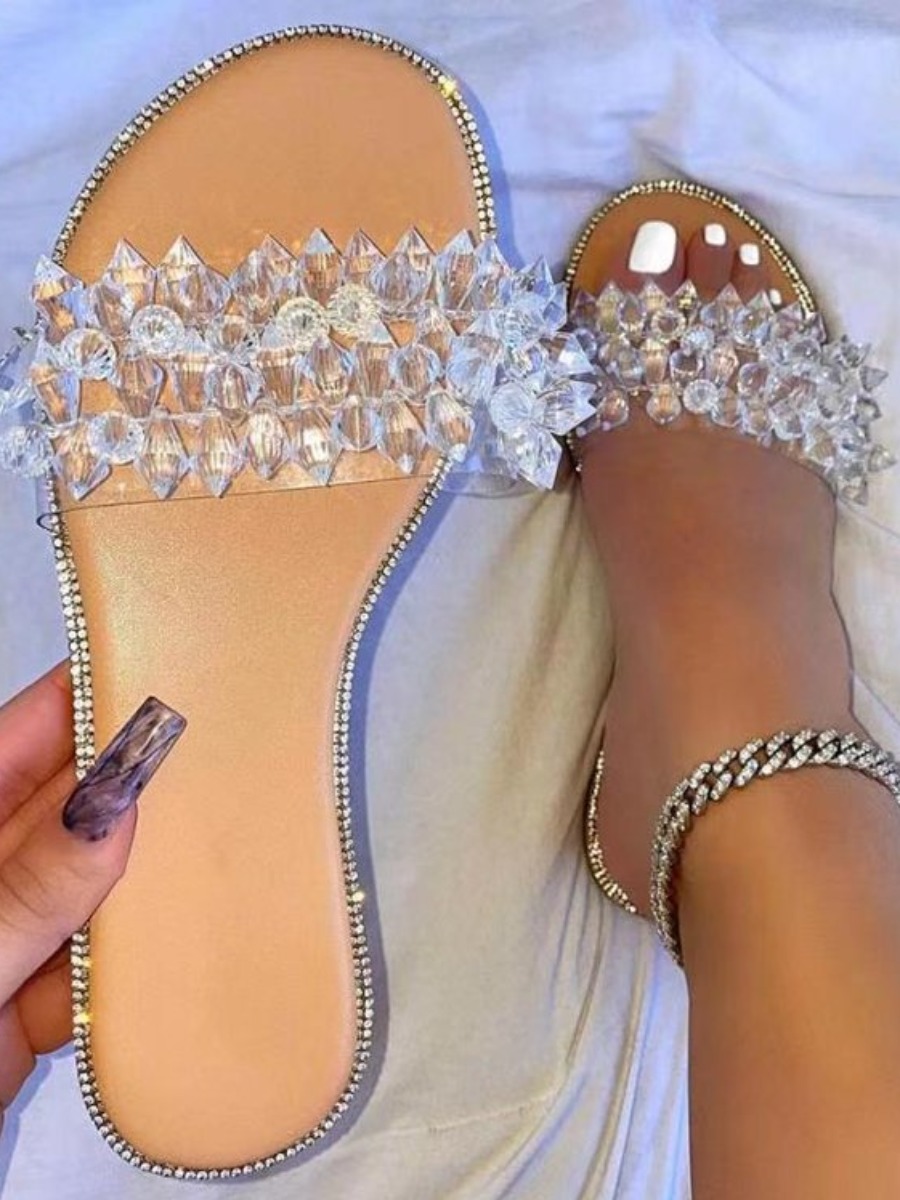 LW Casual Crystal Decoration Apricot Slippers