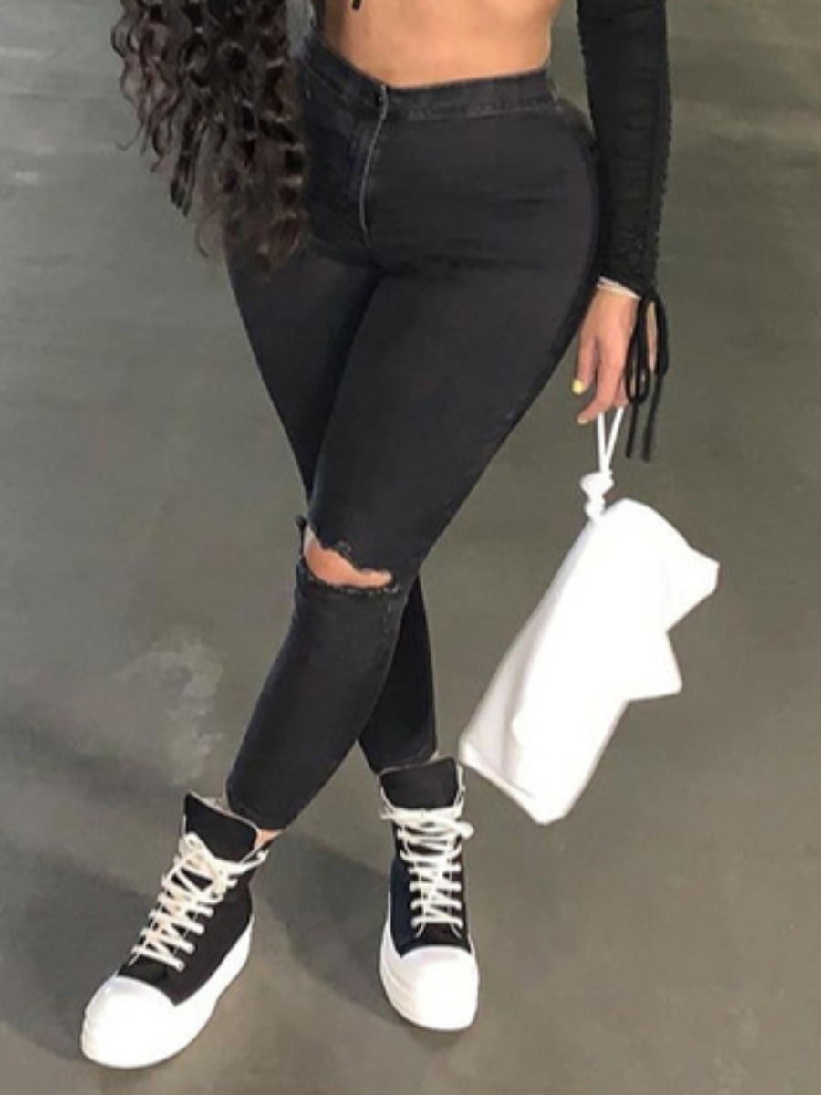 

Lovely Casual Mid Waist Ripped Black Jeans
