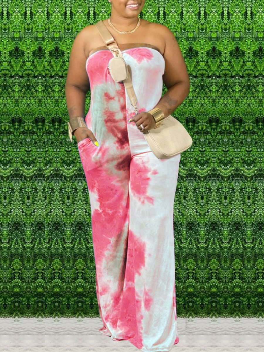 

LW Plus Size Casual Off The Shoulder Tie-dye Pink One-piece Jumpsuit