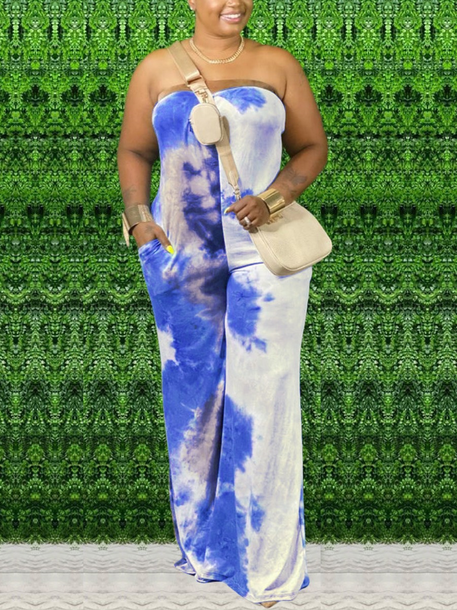 

Lovely Plus Size Casual Off The Shoulder Tie-dye Deep Blue One-piece Jumpsuit