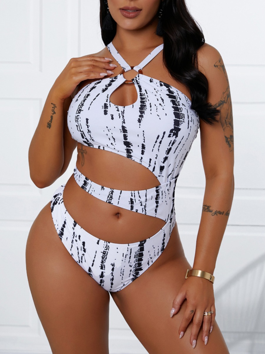 

Lovely Boho Hollow-out Metal Ring Decoration Black And White Two-piece Swimsuit