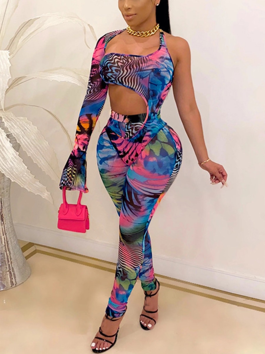 

Lovely Street Animal Print Flared Hollow-out Blue Two Piece Pants Set