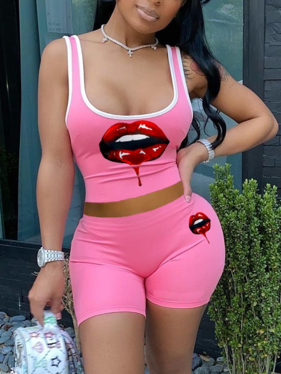 

Lovely Casual U Neck Lip Print Pink Two Piece Shorts Set