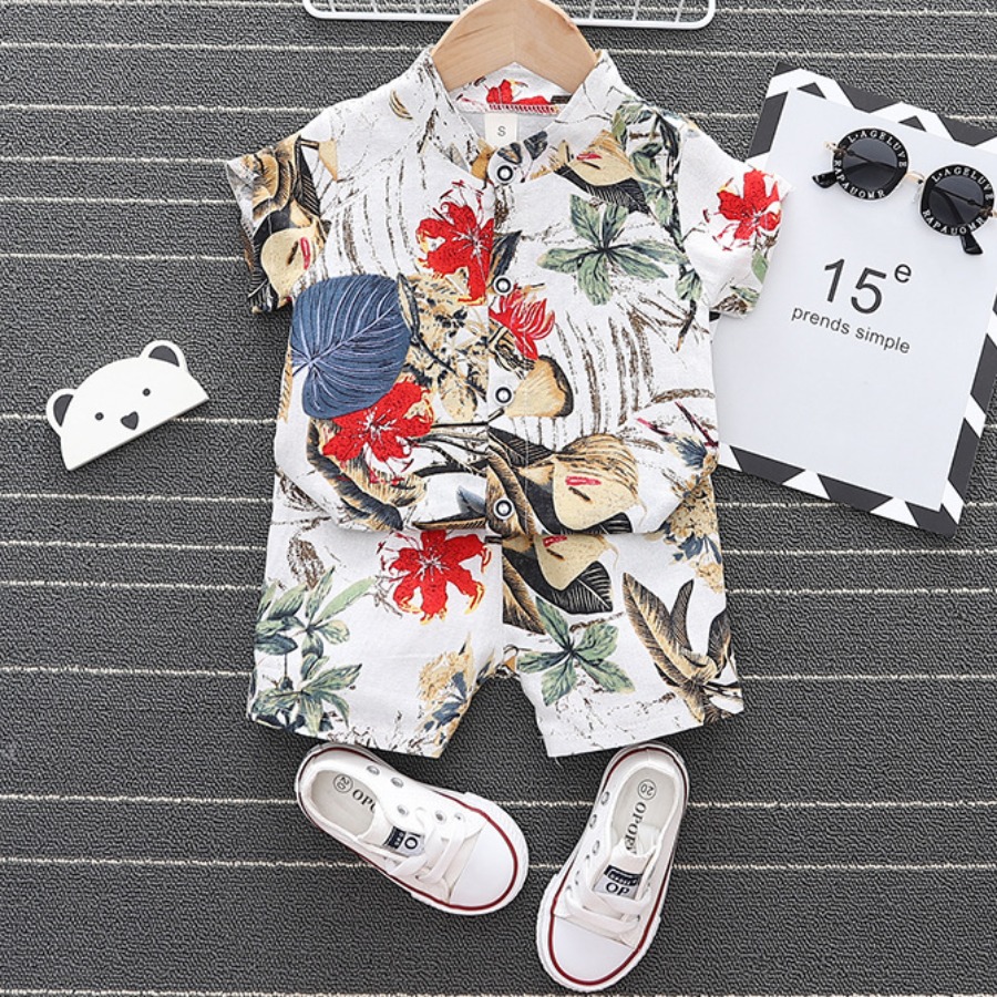 

Lovely Boy Boho Floral Print Patchwork White Two Piece Shorts Set