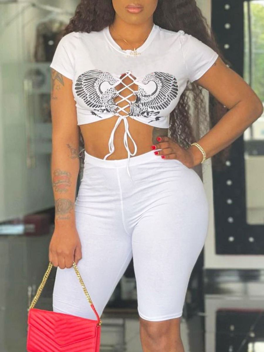 

Lovely Street Bandage Hollow-out Design White Two Piece Shorts Set
