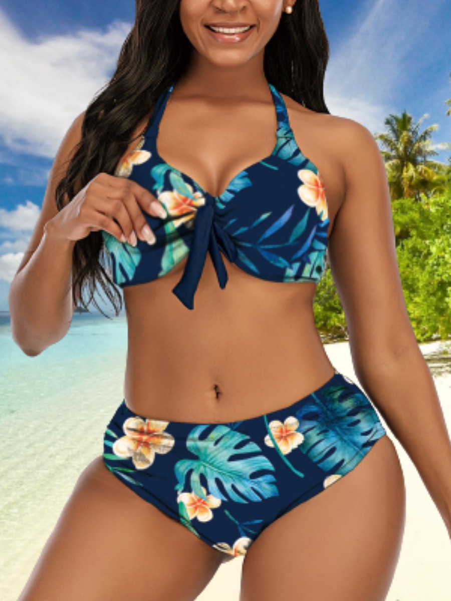 

Lovely Boho Floral Print Bandage Design Blue Two-piece Swimsuit