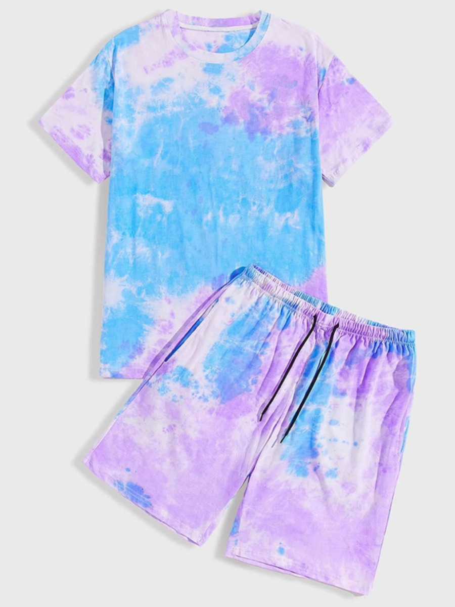 

Lovely Men Street O Neck Tie Dye Blue Two Piece Shorts Set