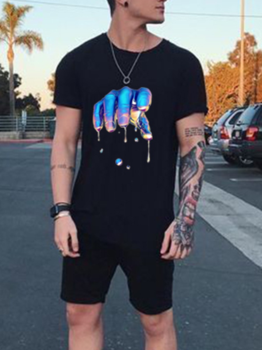 

Lovely Men Casual Graffiti Print Drawstring Black Two Piece Shorts Set