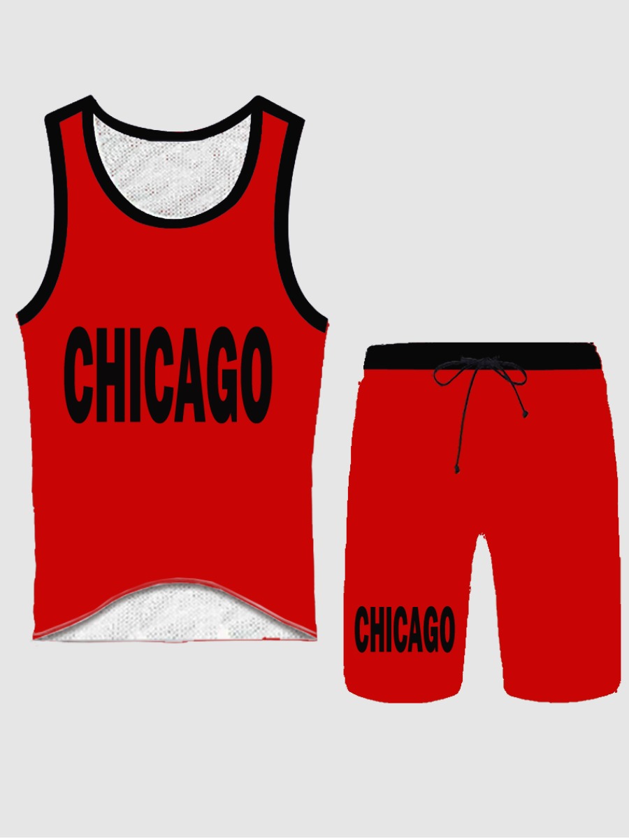 

Lovely Men Sporty O Neck Letter Print Black Two Piece Shorts Set, Red