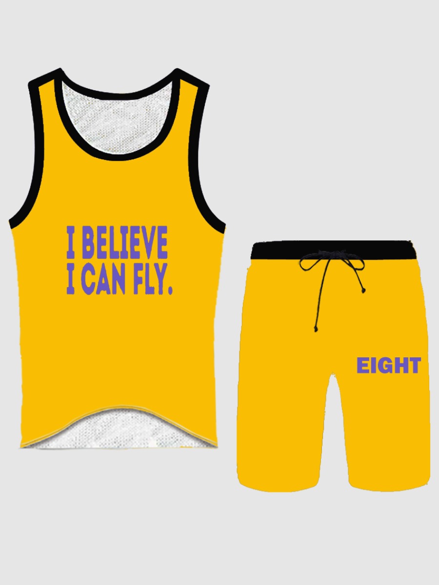 

Lovely Men Sporty O Neck Letter Print Yellow Two Piece Shorts Set