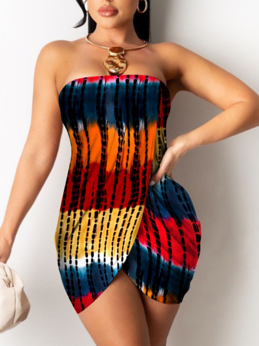 

Lovely Casual Off The Shoulder Tie-dye Wrap Multicolor Mini Dress, Multi