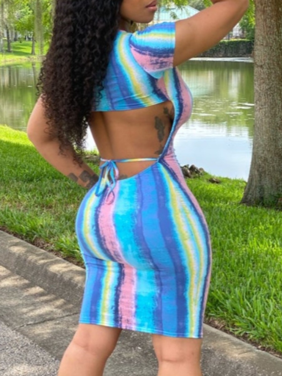 

Lovely Casual Tie-dye Backless Blue Knee Length Dress