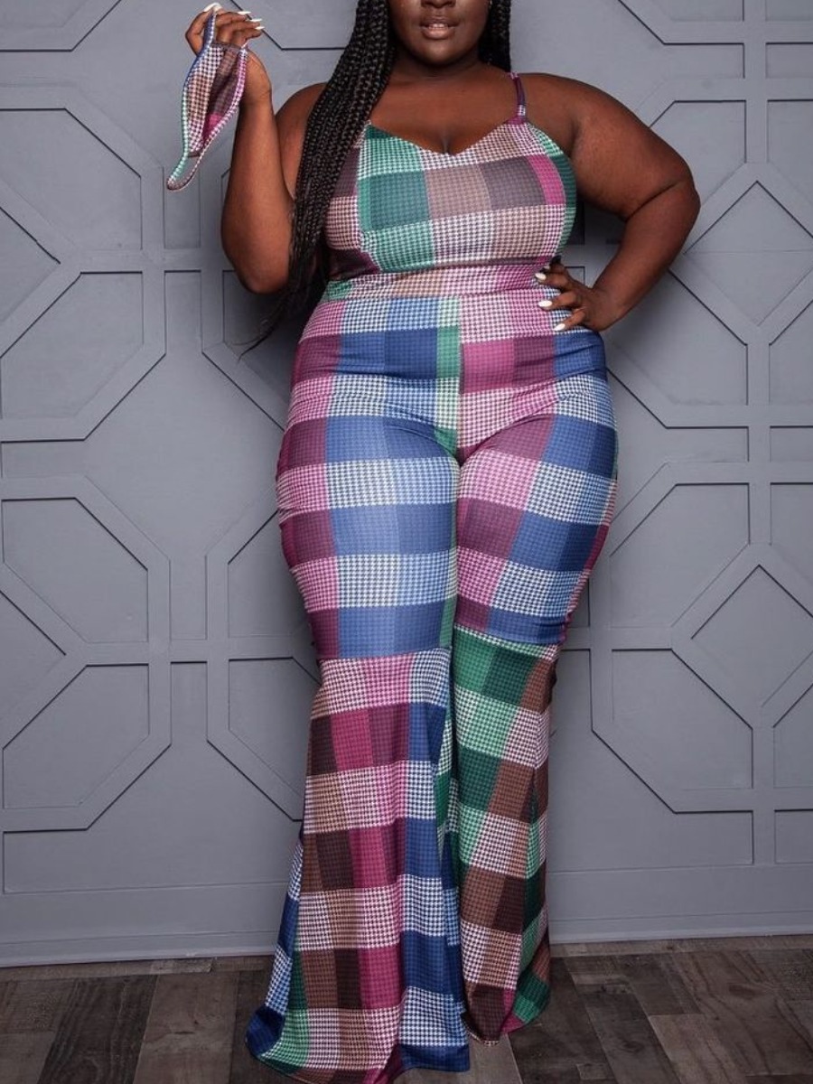 

Lovely Plus Size Street Plaid Print Patchwork Multicolor One-piece Jumpsuit, Multicolor lattices