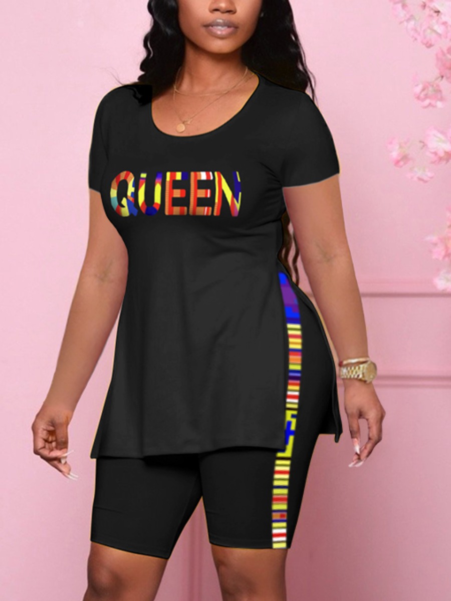 

Lovely Street Letter Print Split Black Two Piece Shorts Set