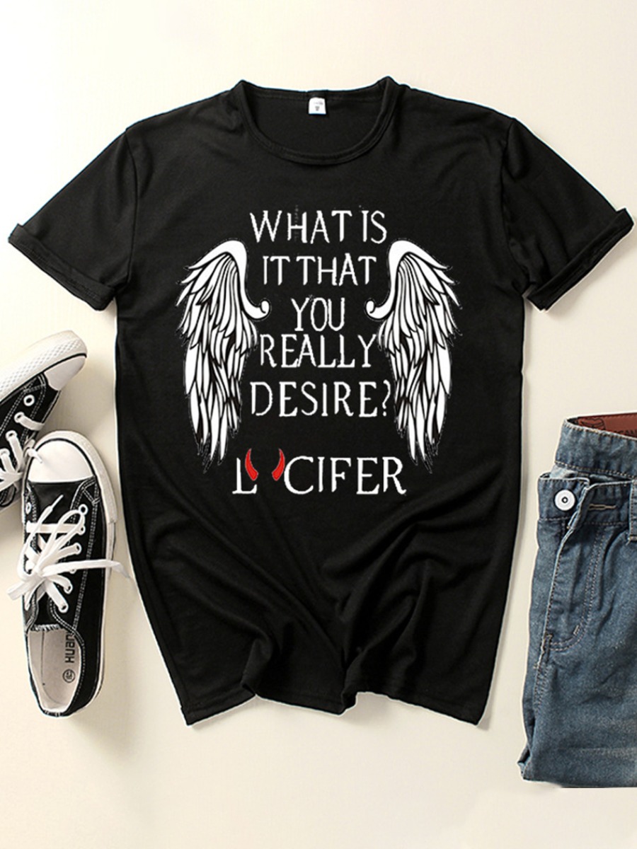 

Lovely Plus Size Casual O Neck Letter Print Black T-shirt
