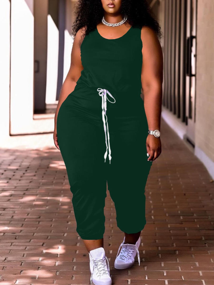 

Lovely Plus Size Casual O Neck Drawstring Green One-piece Jumpsuit