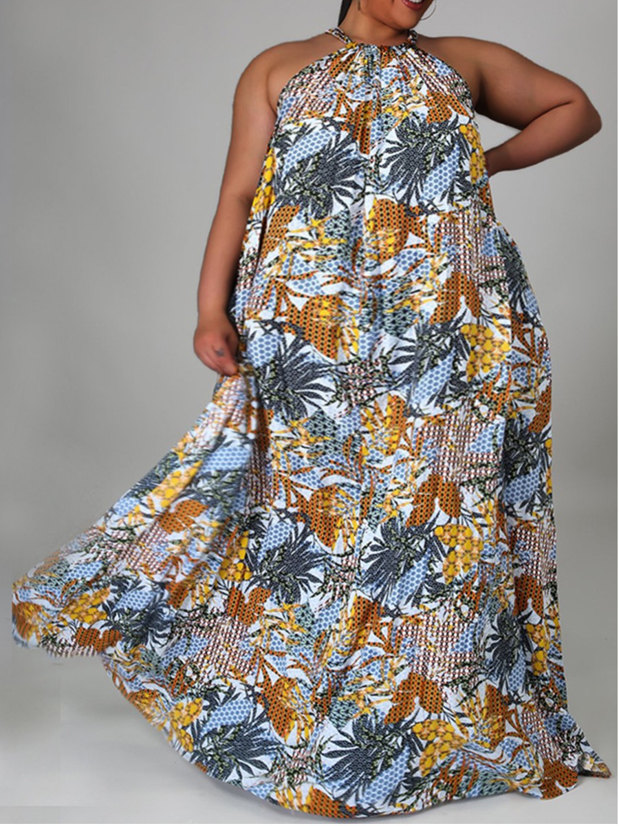 

Lovely Plus Size Boho Floral Print Drawstring Brown Trailing A Line Dress