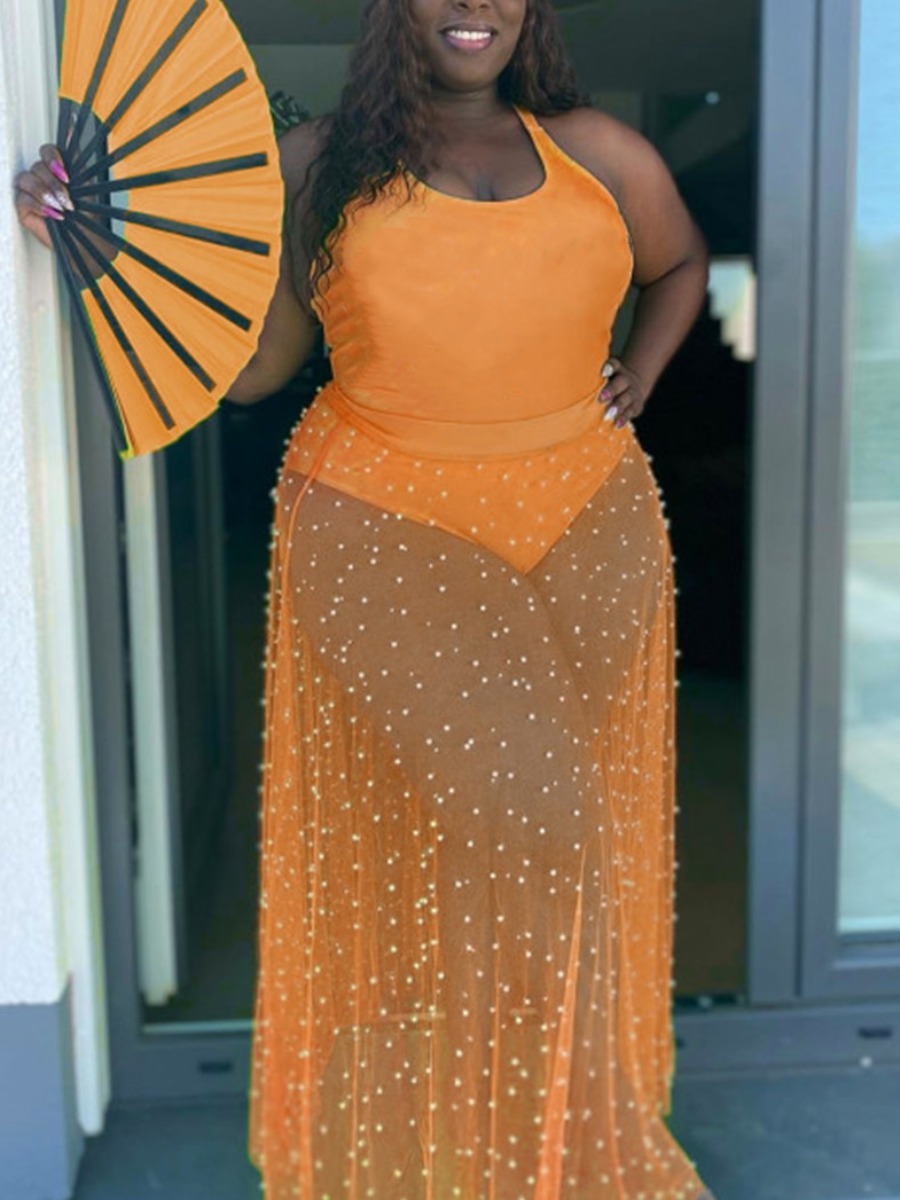

Lovely Plus Size Boho U Neck See-through Croci Two-piece Skirt Set