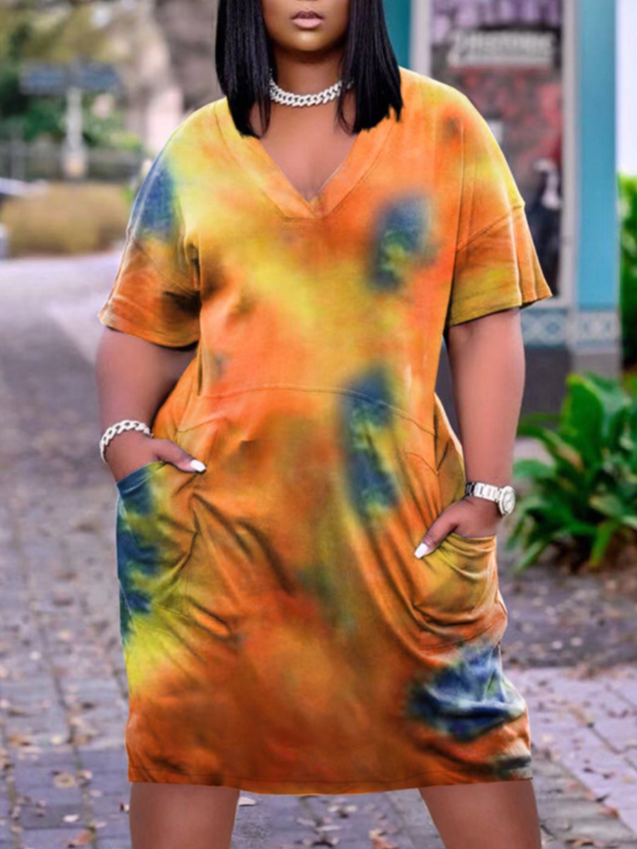 

Lovely Plus Size Casual V Neck Tie-dye Croci Knee Length Dress