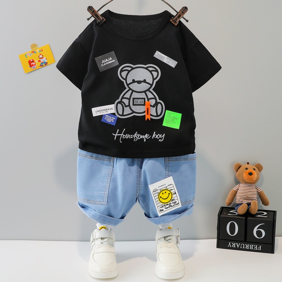 

Lovely Boy Casual Cartoon Letter Print Black Two Piece Shorts Set