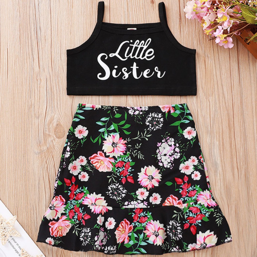 

Lovely Girl Sweet Floral Letter Print Black Two Piece Skirt Set