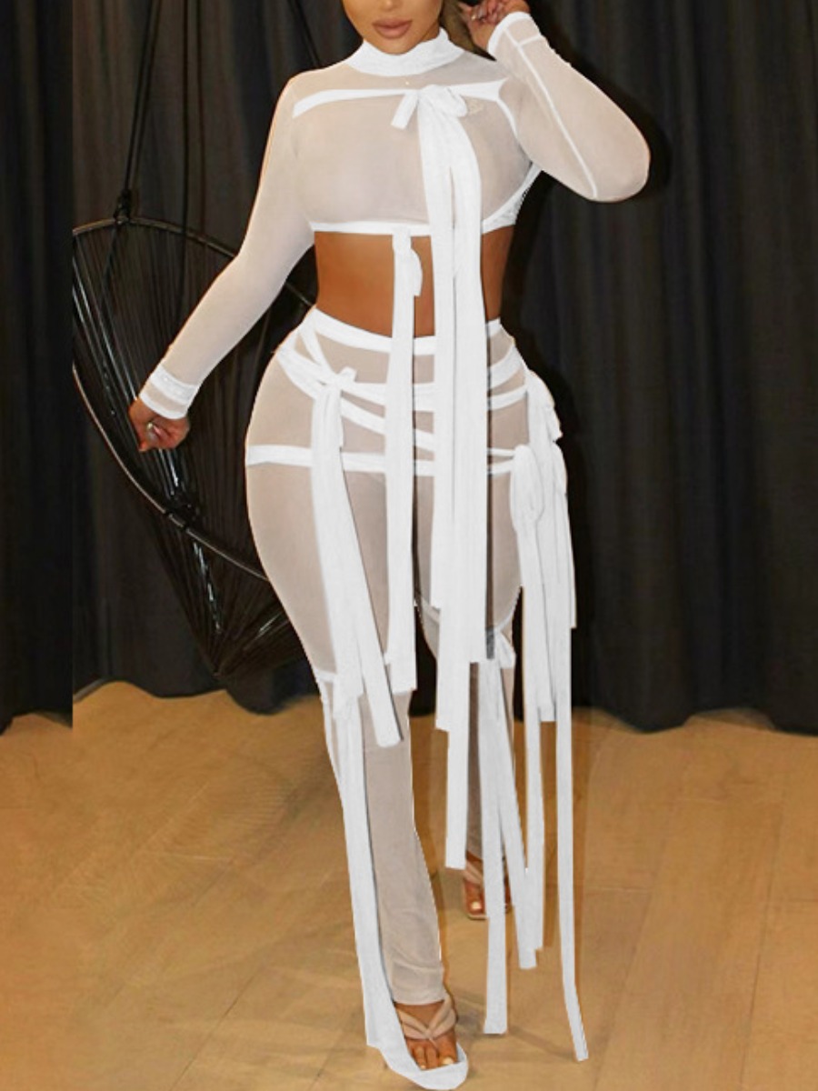 

Lovely Street See-through Bandage Design White Two Piece Pants Set