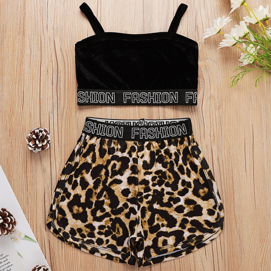 

Lovely Girl Sweet Leopard Letter Print Black Two Piece Shorts Set