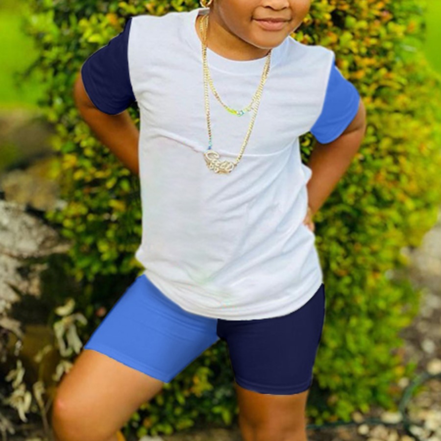 

Lovely Girl Sporty O Neck Color-lump Blue Two Piece Shorts Set