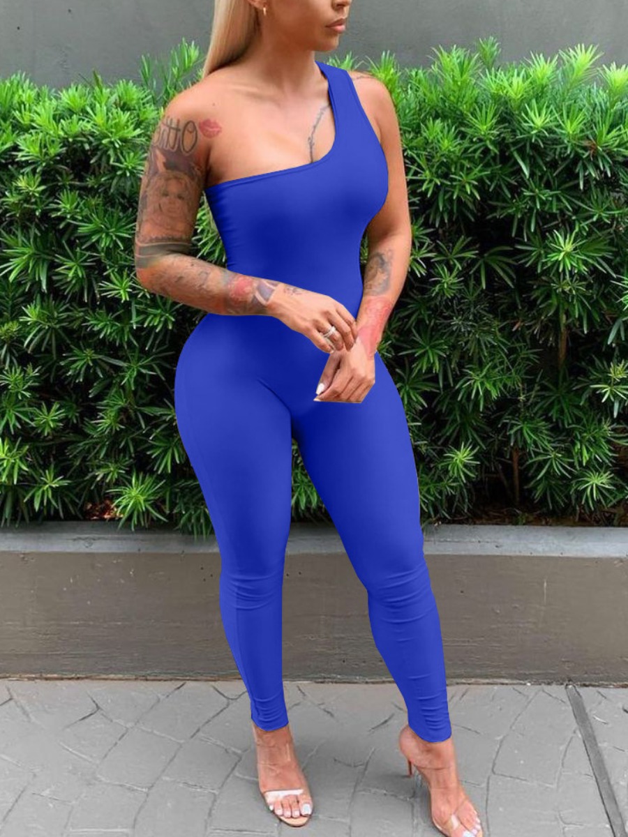 

LW Sporty One Shoulder Basic Skinny Khaki One-piece Jumpsuit, Blue