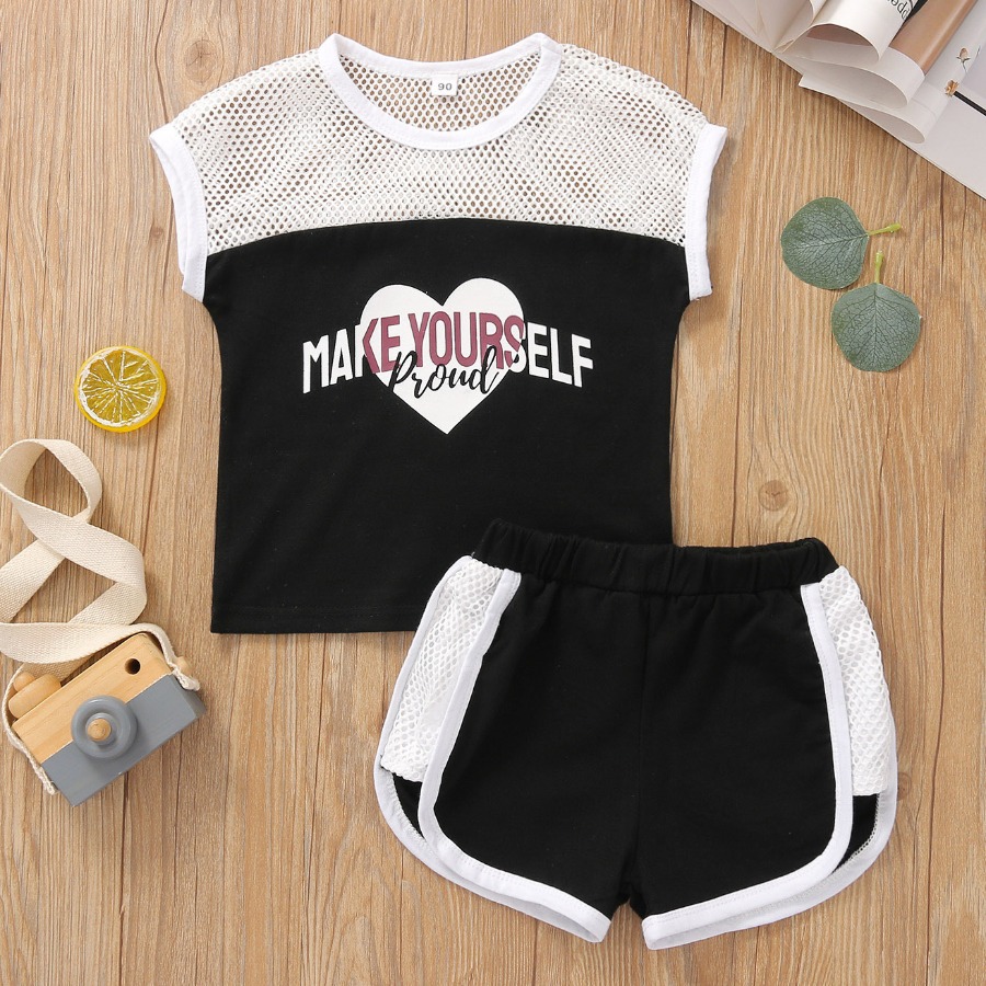 

Lovely Girl Sporty Mesh Letter Print Black Two Piece Shorts Set