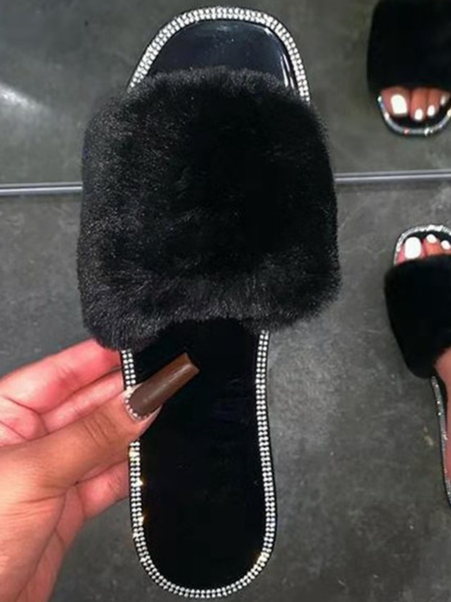 LW Casual Fluffy Black Slippers
