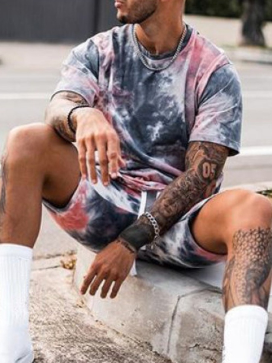 

Lovely Men Casual Tie Dye Drawstring Grey Black Two Piece Shorts Set