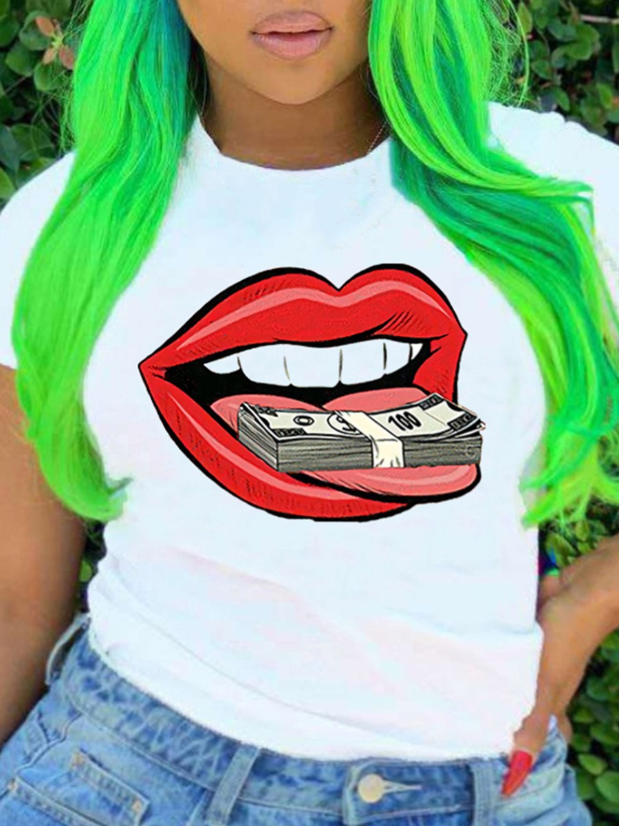

Lovely Plus Size Casual O Neck Money Lip Print White T-shirt
