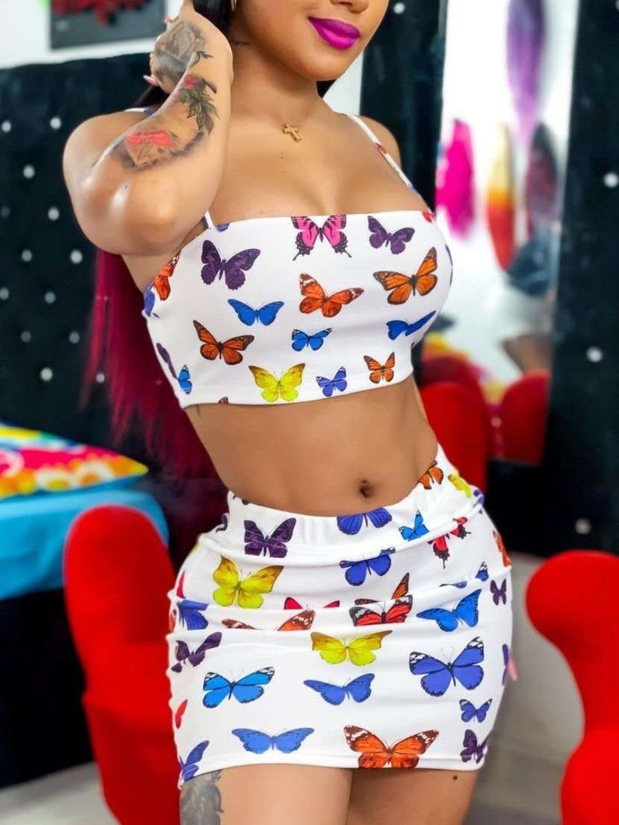 

Lovely Casual Butterfly Print Patchwork White Two Piece Skirt Set