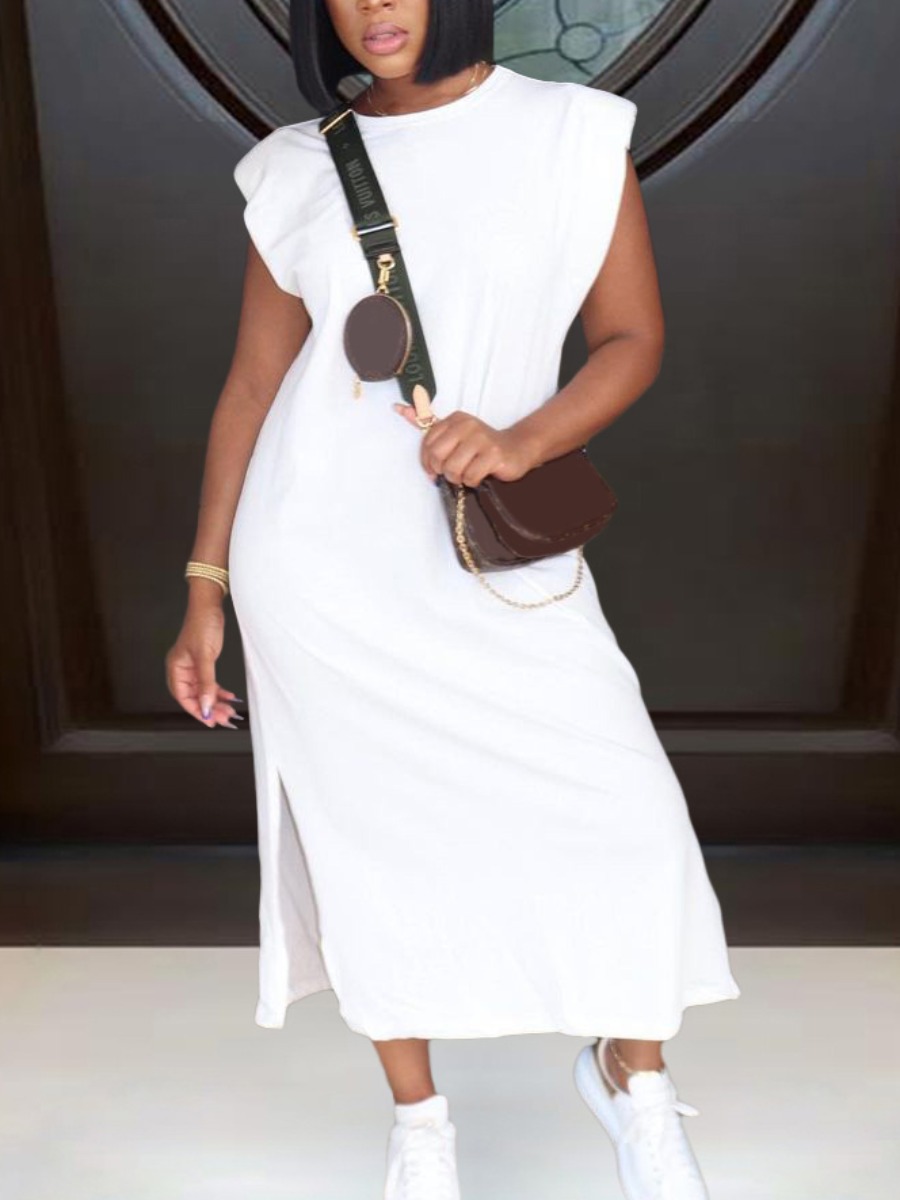 

Lovely Casual O Neck Split White Mid Calf Dress