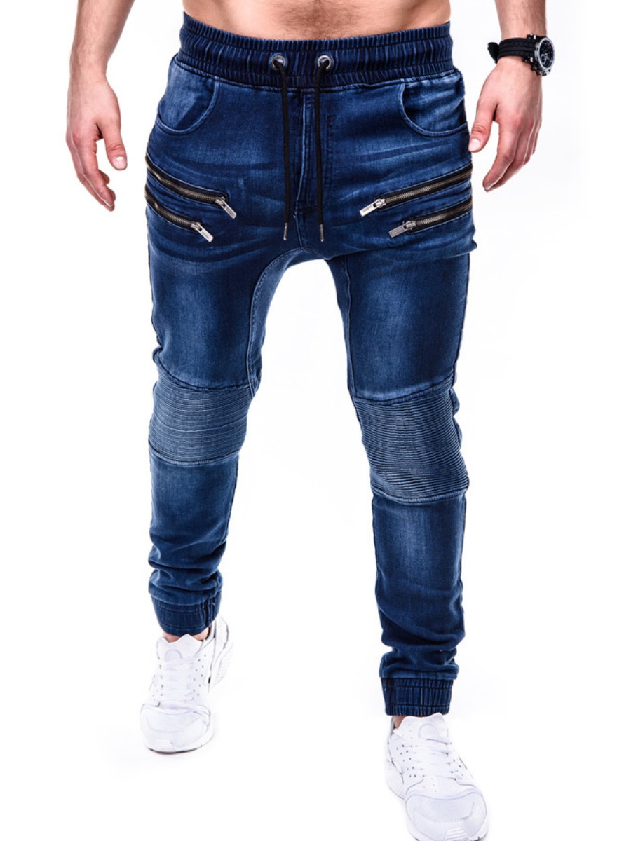 

Lovely Men Street Drawstring Zipper Design Blue Jeans