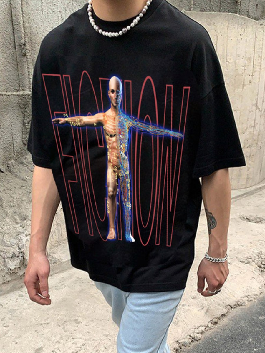 

Lovely Men Street Dropped Shoulder Letter Print Black T-shirt