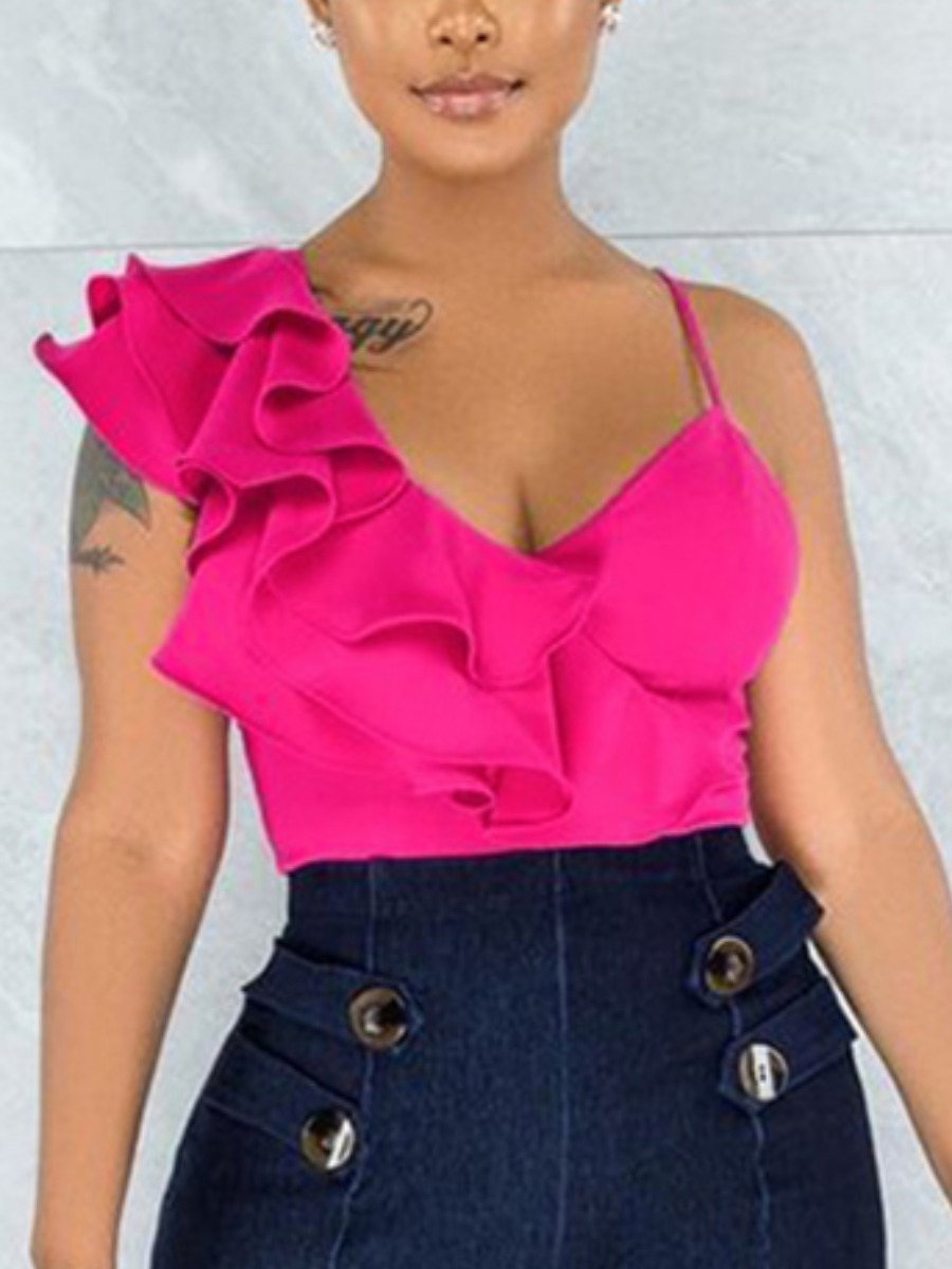 

Lovely Sweet V Neck Flounce Design Rose Red Camisole