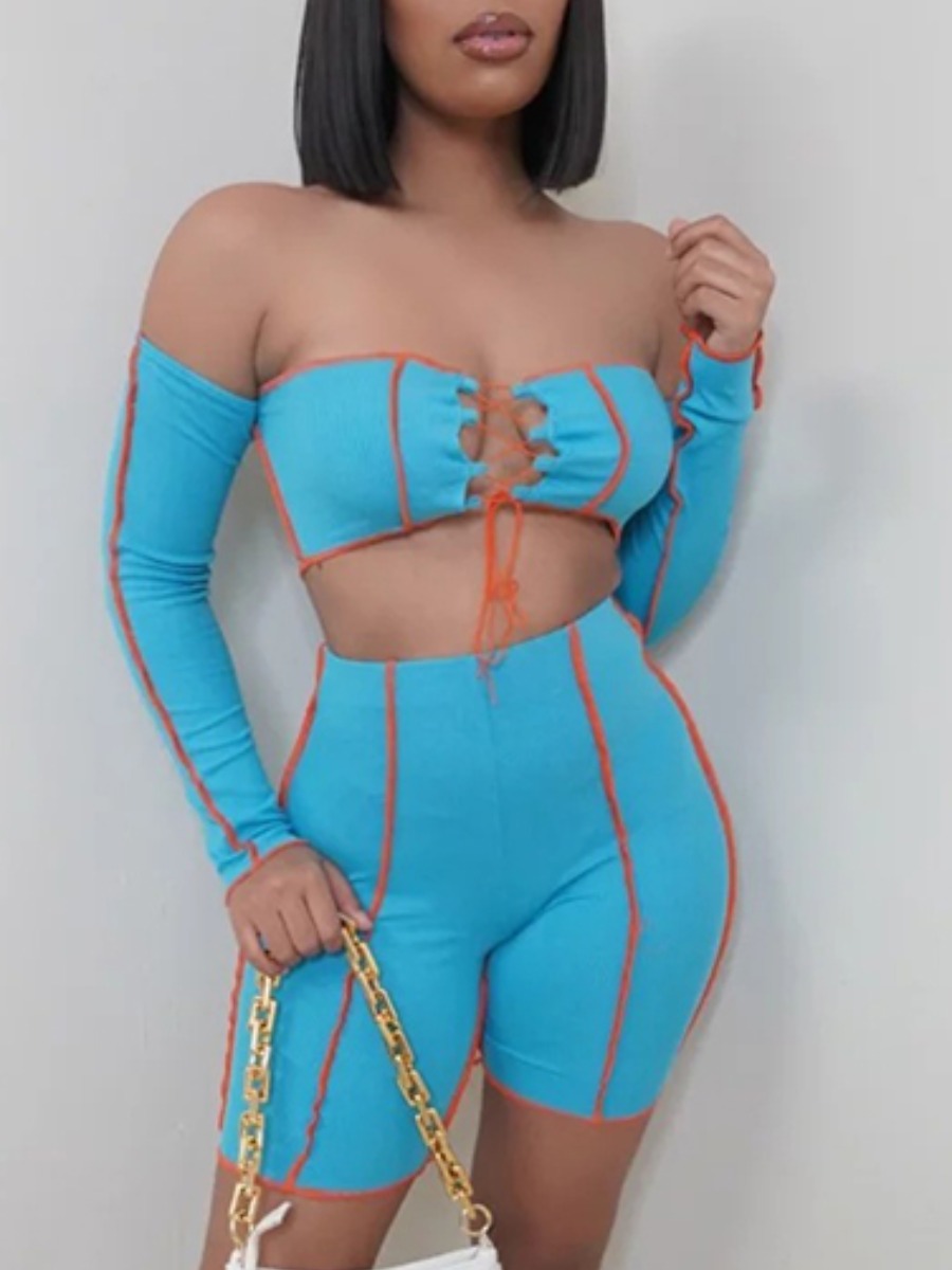 

Lovely Street Striped Bandage Hollow-out Design Blue Two Piece Shorts Set