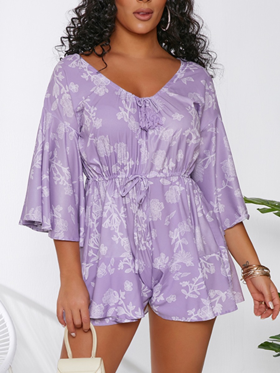 

Lovely Street Floral Print Flared Drawstring Purple One-piece Romper
