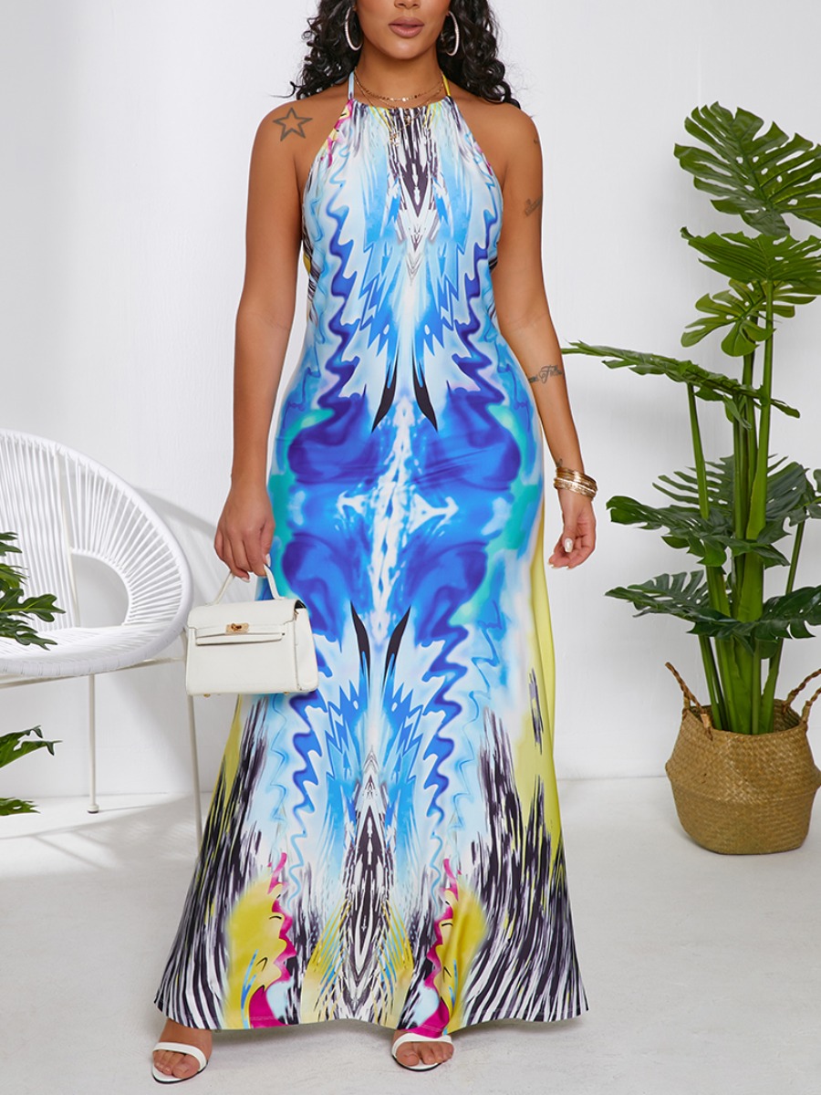 

Lovely Elegant Backless Print Multicolor Floor Length Dress, Multi