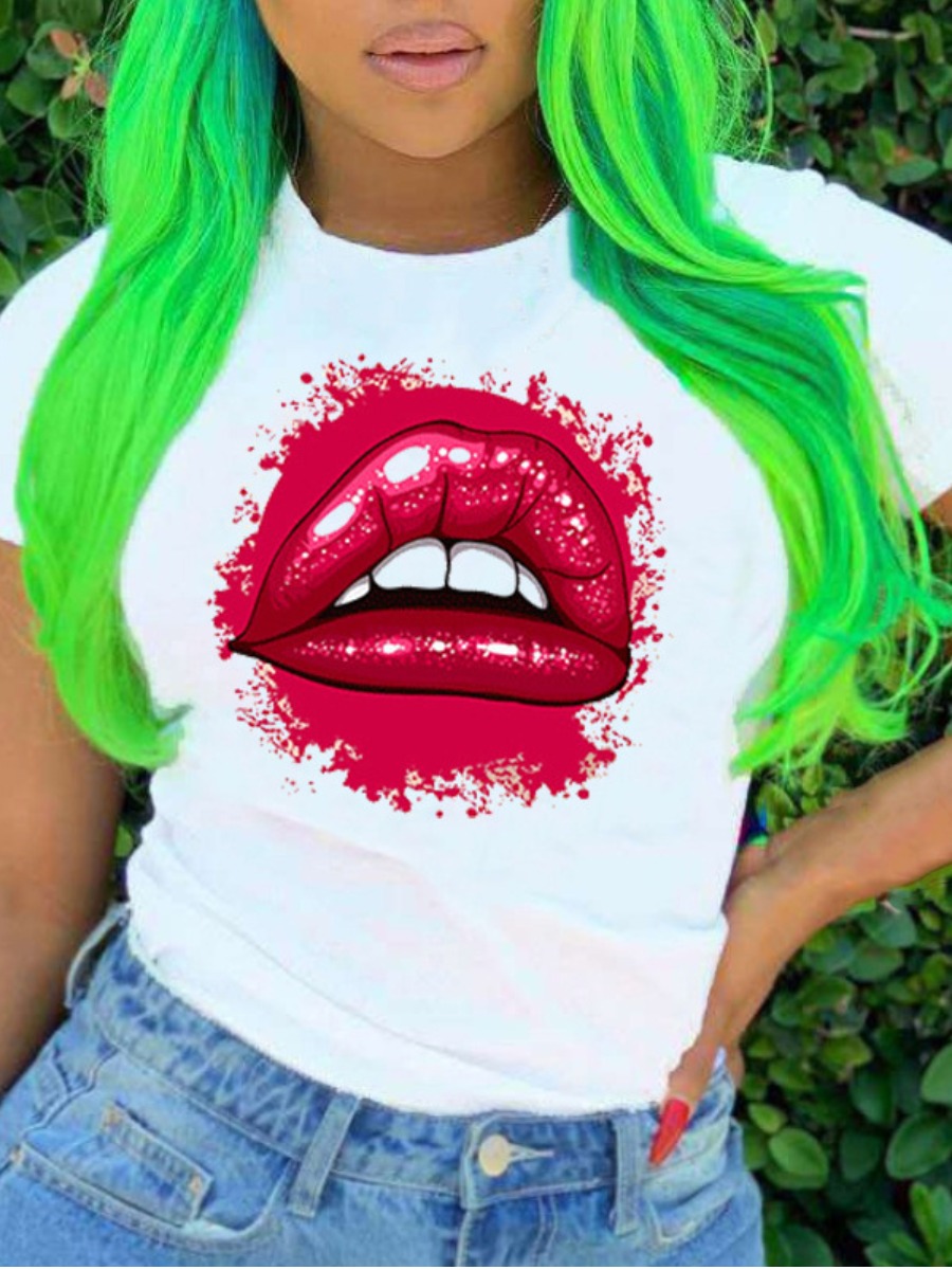 

Lovely Casual O Neck Lip Print White T-shirt