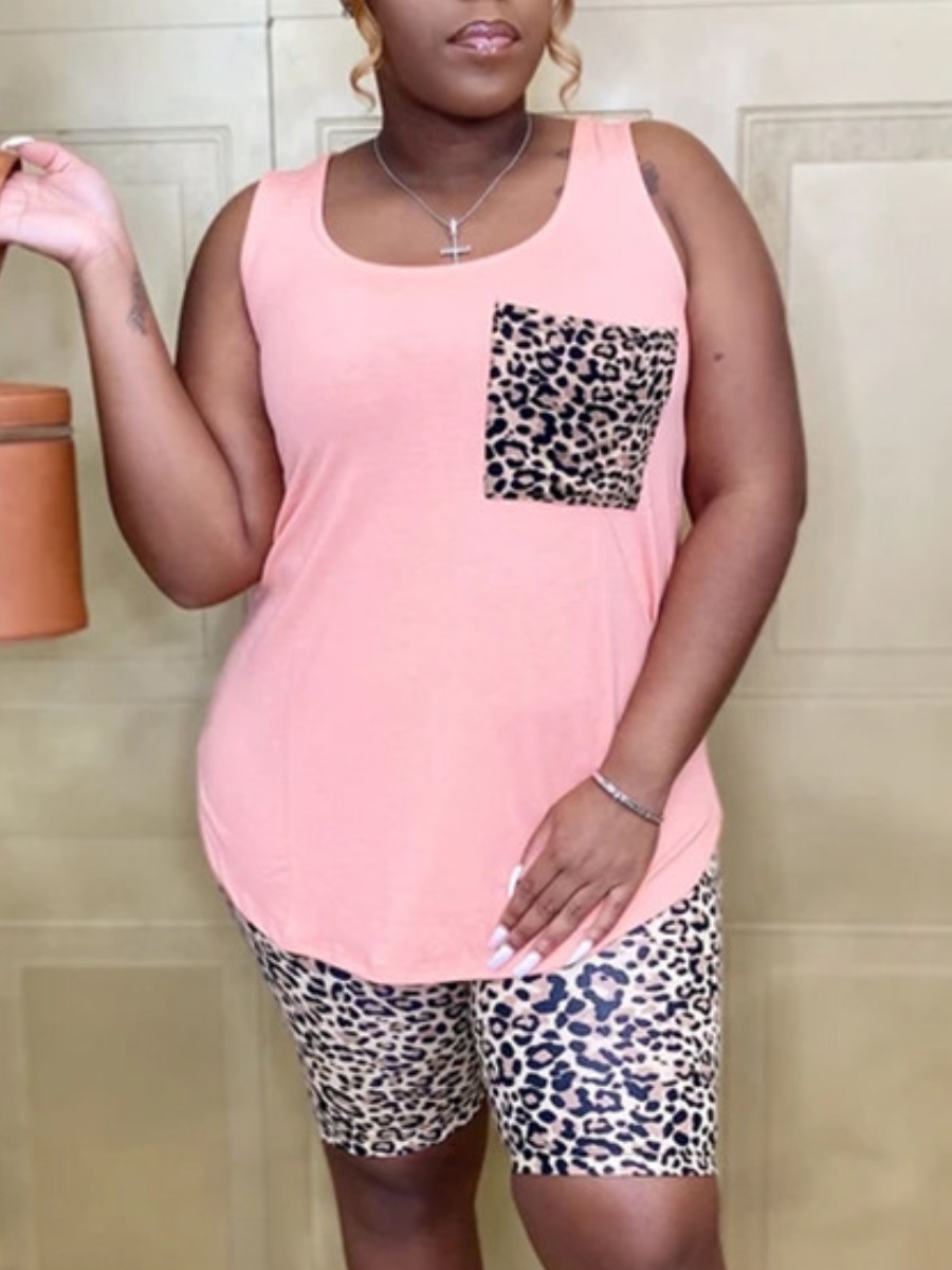 

Lovely Plus Size Casual U Neck Leopard Print Pink Two-piece Shorts Set