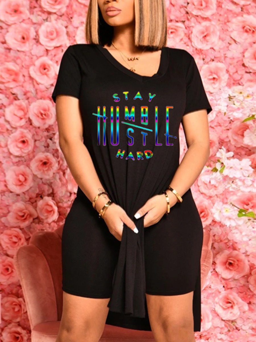

Lovely Casual Letter Print Split Black Two Piece Shorts Set